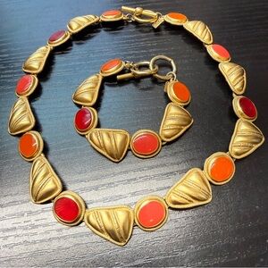 Anne Klein Orange Red Enamel Matte Gold Plated Bracelet & Necklace Set 90s